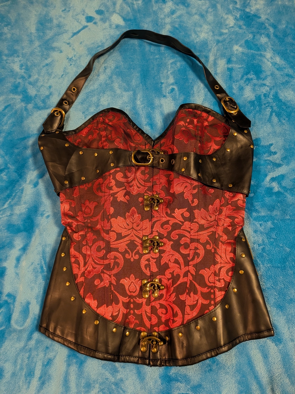 Red And Black Steampunk Corset With Buckle and faux leather details